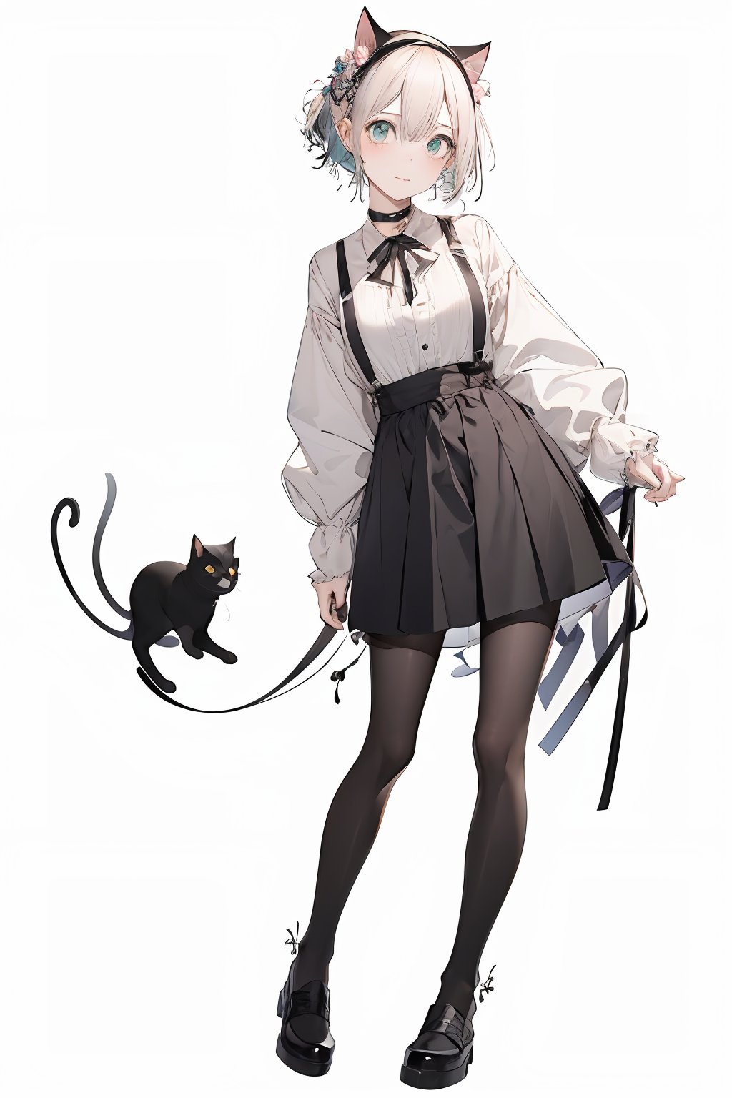 Full-length portrait of a girl,1girl,solo,looking at viewer,short hair,bangs,skirt,simple background,shirt,long sleeves,white background,holding,animal ears,standing,full body,flower,pantyhose,bundled hair.,shoes,cat ears,black skirt,black footwear,aqua eyes,black pantyhose,black choker,2 cat,black hairband,<lora:lbc_Girly_v2.0-000006:0.8>,