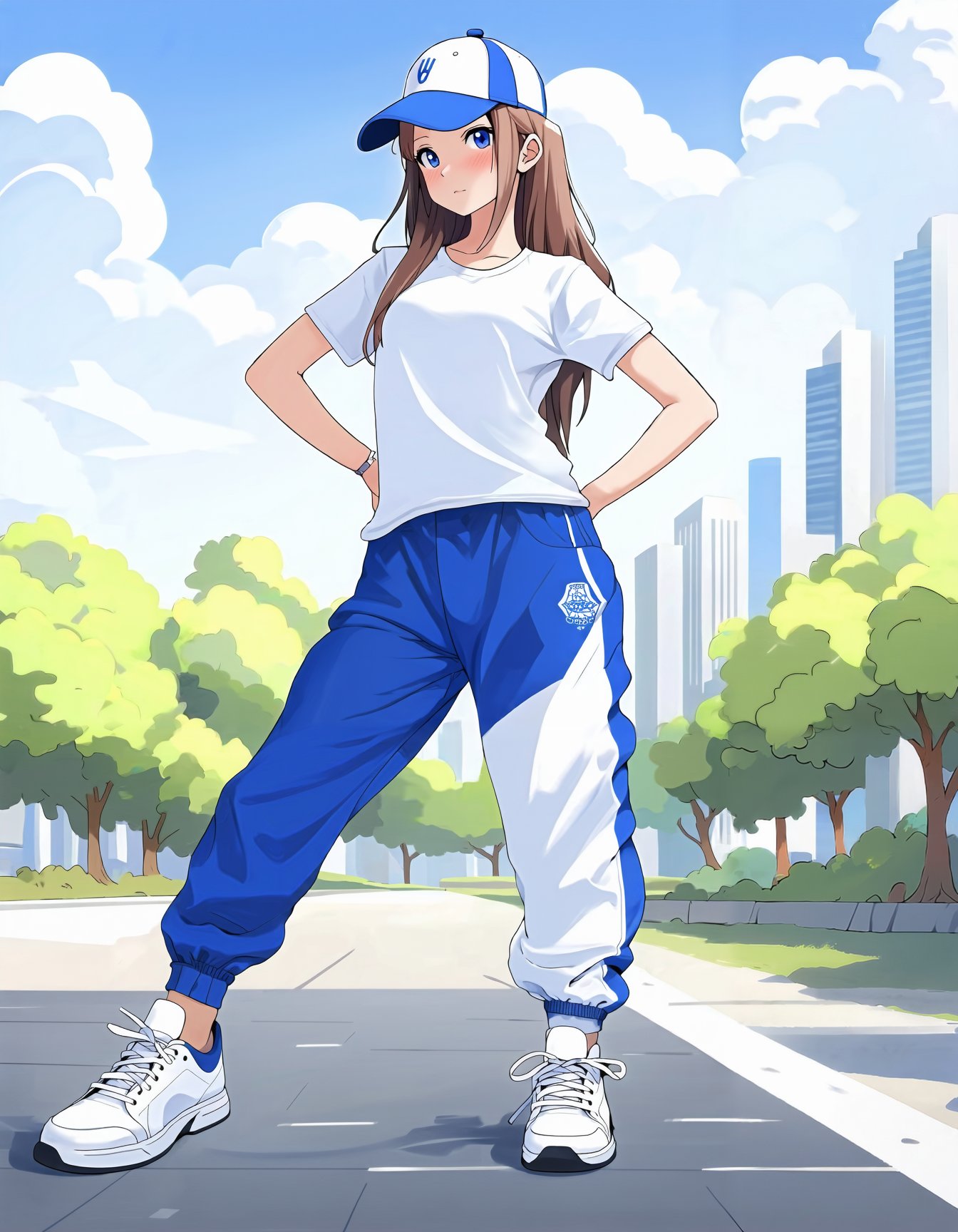 anime style, anime girl in blue and white outfit posing with her hands on her hips, wearing a baseball cap and blue jogging pants with white sneakers and a white t - shirt