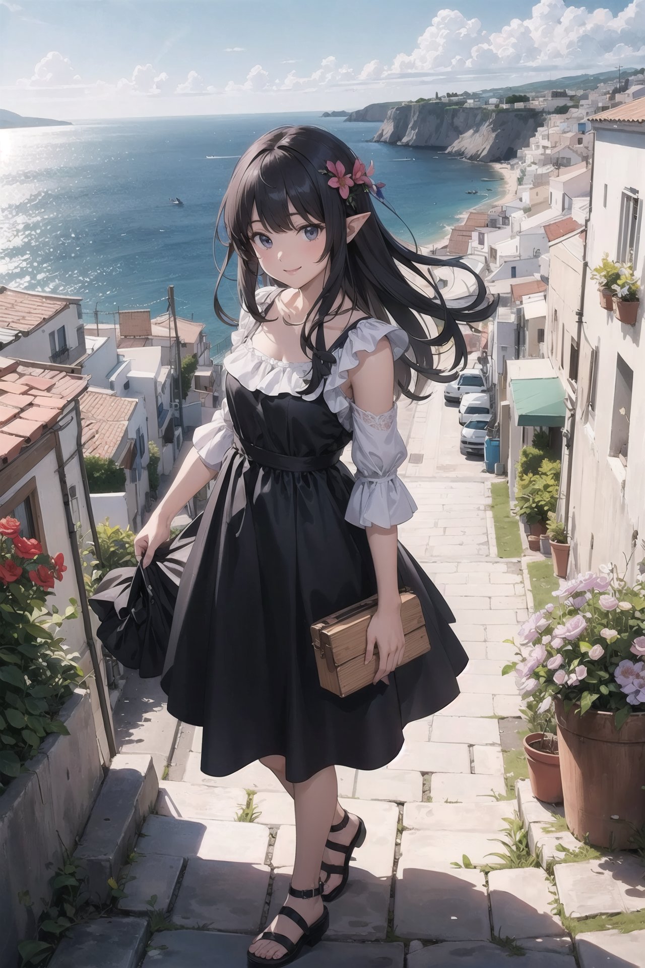 masterpiece, (best quality, ultra-detailed:1.6), (ultra high res:1.5),super fine (anime),(sharp focus), (insanely detailed:1.3),detailed face,(perfect anatomy), delicate (anime illustration), 1 cute girl,pointy ears,kindly smile,smily eyes,outdoor,(flower bloomingGreek townscape,overlooking the mediterranean sea,photorealistic background:1.3), panorama view,full body,in fantasy world,no holding,full body,beautiful ruffle dress, Medium shot