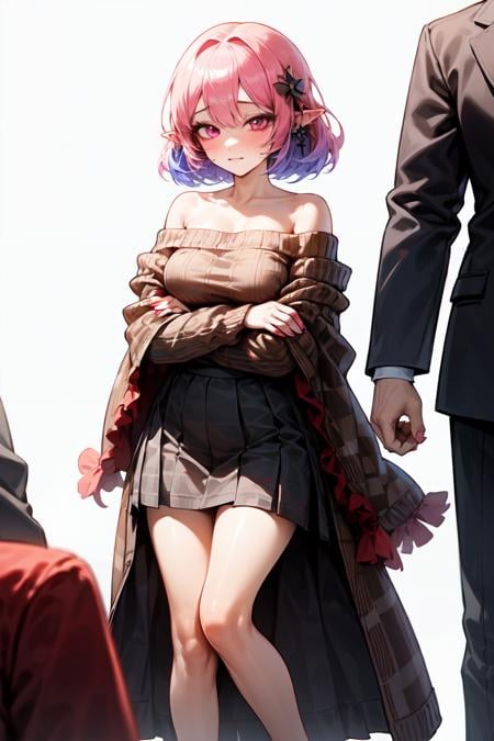 best quality,solo focus,1girl,lucid \(maplestory\),short hair,pink hair,pink eyes <lora:lucid-01:1> ,<lora:add_detail:0.5>,knees apart feet together,(brown check pattern shawl around own arms:1.2), (black simple long skirt:1.1), (white simple off-shoulder sweater:1.1)