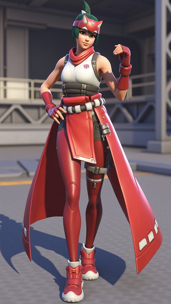 Kiriko a young girl character in the Overwatch video game series is depicted. She stands confidently in a dynamic pose with her right leg slightly forward and her left arm bent at the elbow fingers splayed as if she's about to make a gesture. She wears a vibrant red outfit with white and black accents. Her hair is styled in a short bob and adorned with a red and white headband. Her outfit includes a white sleeveless top with a high collar and a red scarf tied around her neck. A long flowing red cape drapes over her shoulders and down her back adding a sense of movement and dynamism to her appearance. She also wears red fingerless gloves, pants with a sleek, fitted design and high red boots with white accents. The background features an industrial setting with metallic structures and pipes suggesting a futuristic or sci-fi environment. The ground appears to be a metallic surface with a grid pattern. The overall color palette is dominated by shades of red white and black complemented by the cool tones of the metallic structures in the background. The image has a high level of detail and vibrancy typical of high-quality digital art, <lora:kiriko-overwatch-2-v3:1>