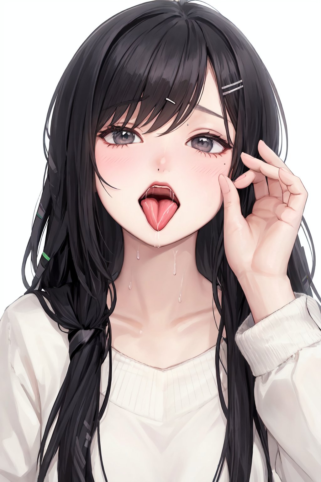 1girl,black hair,blush,long hair,hair ornament,open mouth,bangs,saliva,hairclip,looking at viewer,tongue,sweater,white background,finger in another's mouth,simple background,sweat,solo focus,tongue out,traces saliva,