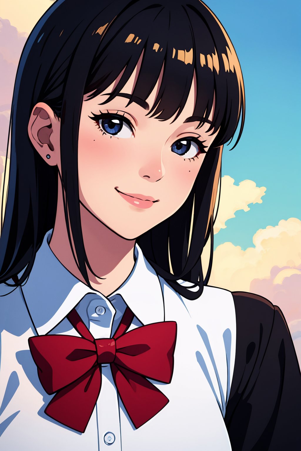 (best quality:1.4),(masterpiece:1.4),(8K:1.4),(extremely detailed:1.4),1girl,solo,long hair,shirt,looking at viewer,white shirt,collared shirt,black eyes,smile,bow,red bow,closed mouth,portrait,black hair,bowtie,black bowtie,upper body,cloud,sky,shiny,shiny skin,