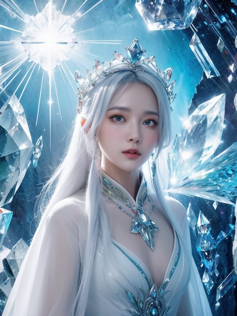 masterpiece, best quality portrait, looking at viewer, solo, upper body, detailed background, close up,  detailed face, (<lora:ChromeTech:0.6>,    chrometech theme:1.1), crystal mage,   earth themed clothes, crystal crown, ice crystals floating in the air, glowing  crystals, surrounded by white  minerals, emerald,    magical floating particles,    icy canyon background,   cinematic ethereal atmosphere,  reflections, 