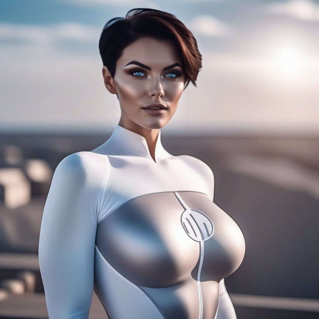 cinematic photo a woman with blue eyes and short dark hair, huge breast, wears a futuristic white and grey bodysuit , posing for a picture with a sky background <lora:Anissa1024:0.8> . 35mm photograph, film, bokeh, professional, 4k, highly detailed