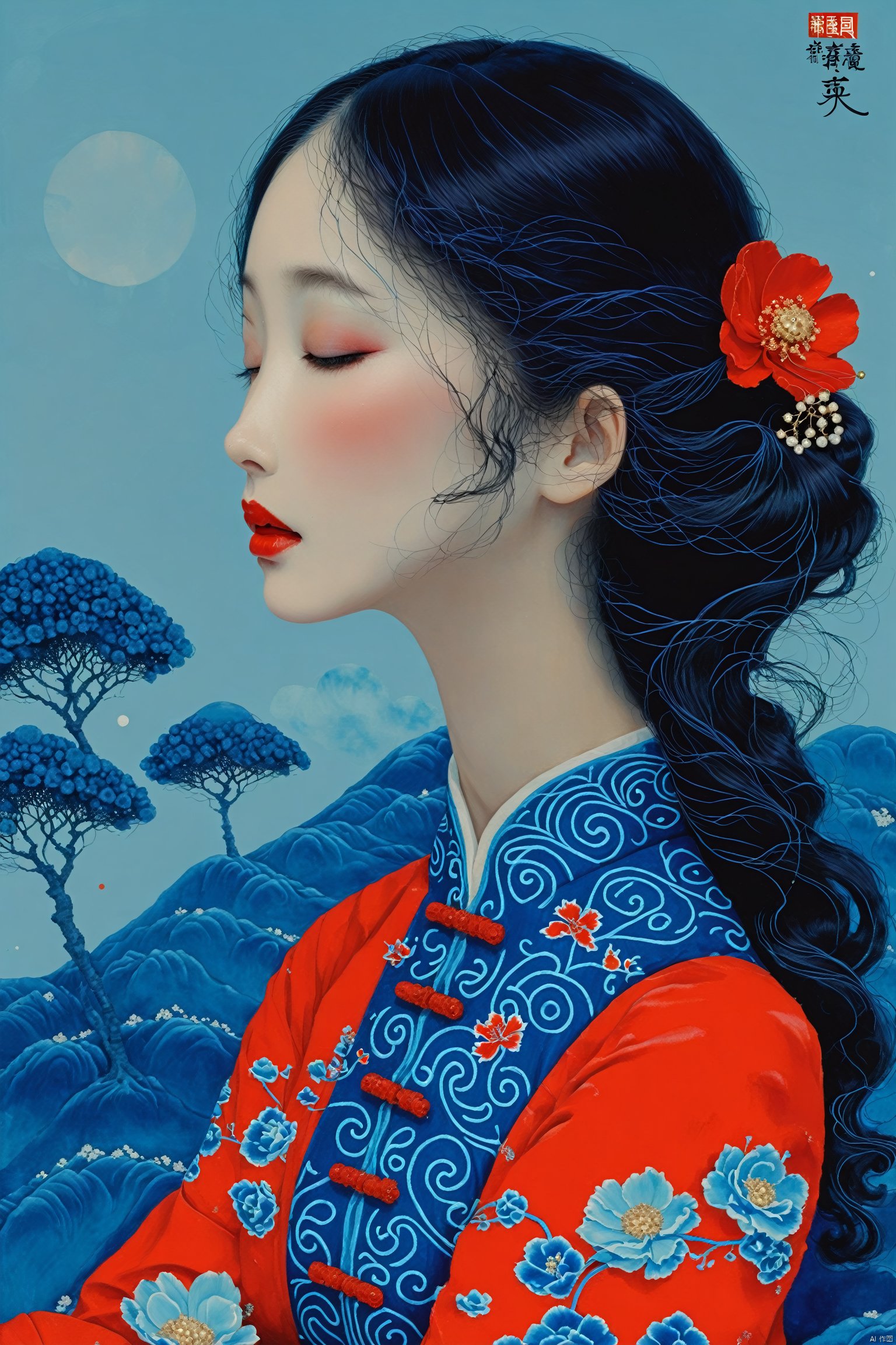 HTTP, 1girl, solo, long hair, closed eyes, chinese dress, hair ornament, hanfu, floating hair, waves, black hair, profile, upper body, makeup, from side, red lips, blue-purple theme, myuejin, cutegui, HHL<lora:EMS-307144-EMS:0.800000>