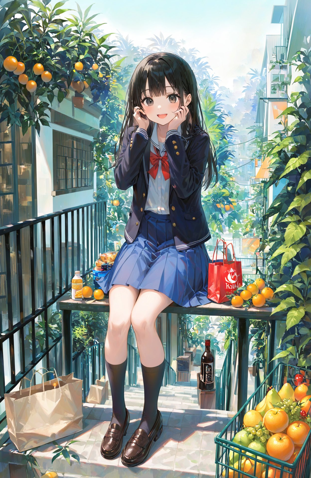 1girl,black hair,sitting,stairs,long hair,bag,solo,socks,skirt,shoes,food,smile,jacket,fruit,open mouth,looking at viewer,bottle,head rest,school uniform,brown footwear,outdoors,black eyes,bangs,black socks,loafers,railing,long sleeves,hands on own face,plant,blue skirt,hands on own cheeks,jacket on shoulders,shirt,blush,:d,plastic bag,shopping bag,<lora:FG-000020:1>,