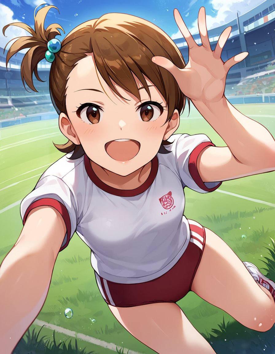 score_9, score_8_up, score_7_up, source_anime,1girl, solo, cheerful, open mouth, smile, dynamic pose, rising arm,  outdoors, day, grass, looking up, looking at viewer, from above, perspective,<lora:FutamiTwins_pony_v1:0.9>ftmam, short hair, brown hair, side ponytail, bangs, brown eyes, small breasts,gym uniform, white shirt, red buruma, sneakers,