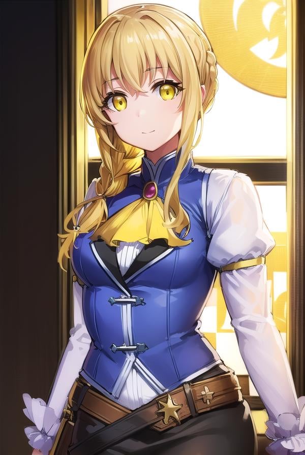 guildgirl, <lora:guildgirl-lora-nochekaiser:1>,guild girl, long hair, blonde hair, (yellow eyes:1.5), braid, single braid, smile,BREAK skirt, shirt, long sleeves, white shirt, pantyhose, black skirt, vest, long skirt, yellow ribbon, ascot, yellow ascot,BREAK looking at viewer, upper body, full body, (cowboy shot:1.5),BREAK outdoors, city,BREAK <lora:GoodHands-vanilla:1>, (masterpiece:1.2), best quality, high resolution, unity 8k wallpaper, (illustration:0.8), (beautiful detailed eyes:1.6), extremely detailed face, perfect lighting, extremely detailed CG, (perfect hands, perfect anatomy),