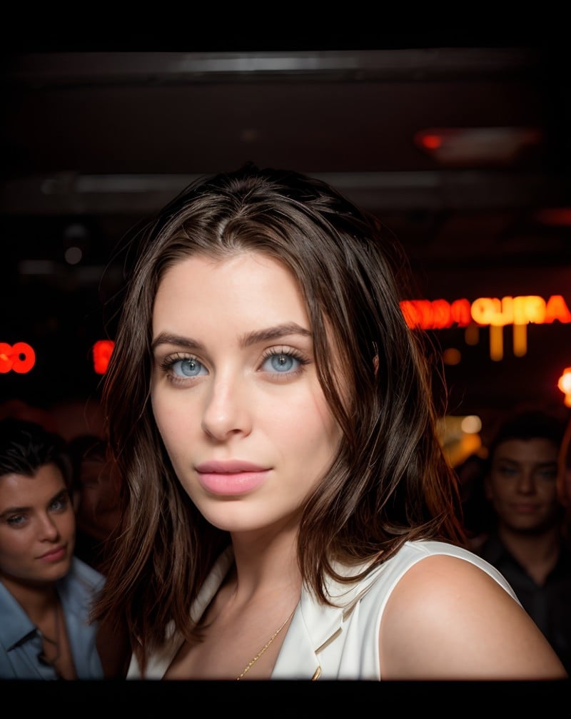 cinematic photo , realistic,  intricate detailed,  ,   amazing photo of a pretty woman,   (light eyes:0.3), at crowded nightclub party, (blurred background), <lora:quiron_LanaRhoades_v8_Lycoris:1>LanaRhoadesQuiron, . 35mm photograph, film, bokeh, professional, 4k, highly detailed in a casual chic outfit. Comfortable, stylish, modern, accessible