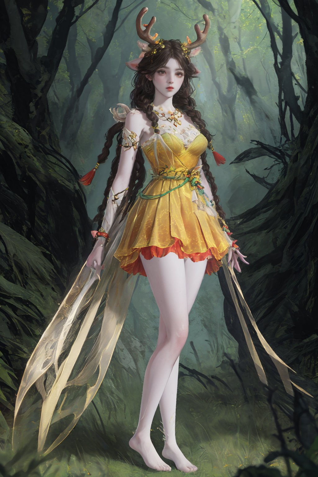 future0511,deer ears,antlers,twin braids,Hair accessories,horn,Double braids,Yellow dress,<lora:future0511-沈妙鹿:0.9>,forest,barefoot,solo,standing,