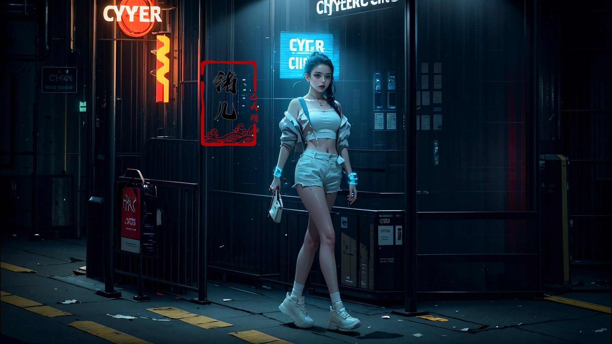 (dramatic, gritty, intense:1.4),masterpiece, best quality, 32k uhd,  hyper quality, Masterpiece,  (science cyber:1.4)，1girl, solo, bag, neon lights, english text, holding, white footwear, looking at viewer, from side, shorts, walking, short hair, black hair, standing, blue hair，(glow, light pollution:1.3)，<lora:绪儿-赛博城市场景 science cyber:0.8>