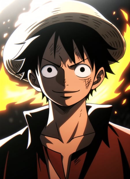 1boy, wanostyle, monkey d luffy, smiling, straw hat, looking at viewer, solo, upper body, ((masterpiece)), (best quality), (extremely detailed), depth of field, sketch, dark intense shadows, sharp focus, soft lighting, hdr, colorful, good composition, fire all around, spectacular, closed shirt, anime screencap, scar under eye, ready to fight, black eyes <lora:wanostyle_2_offset:1.1>