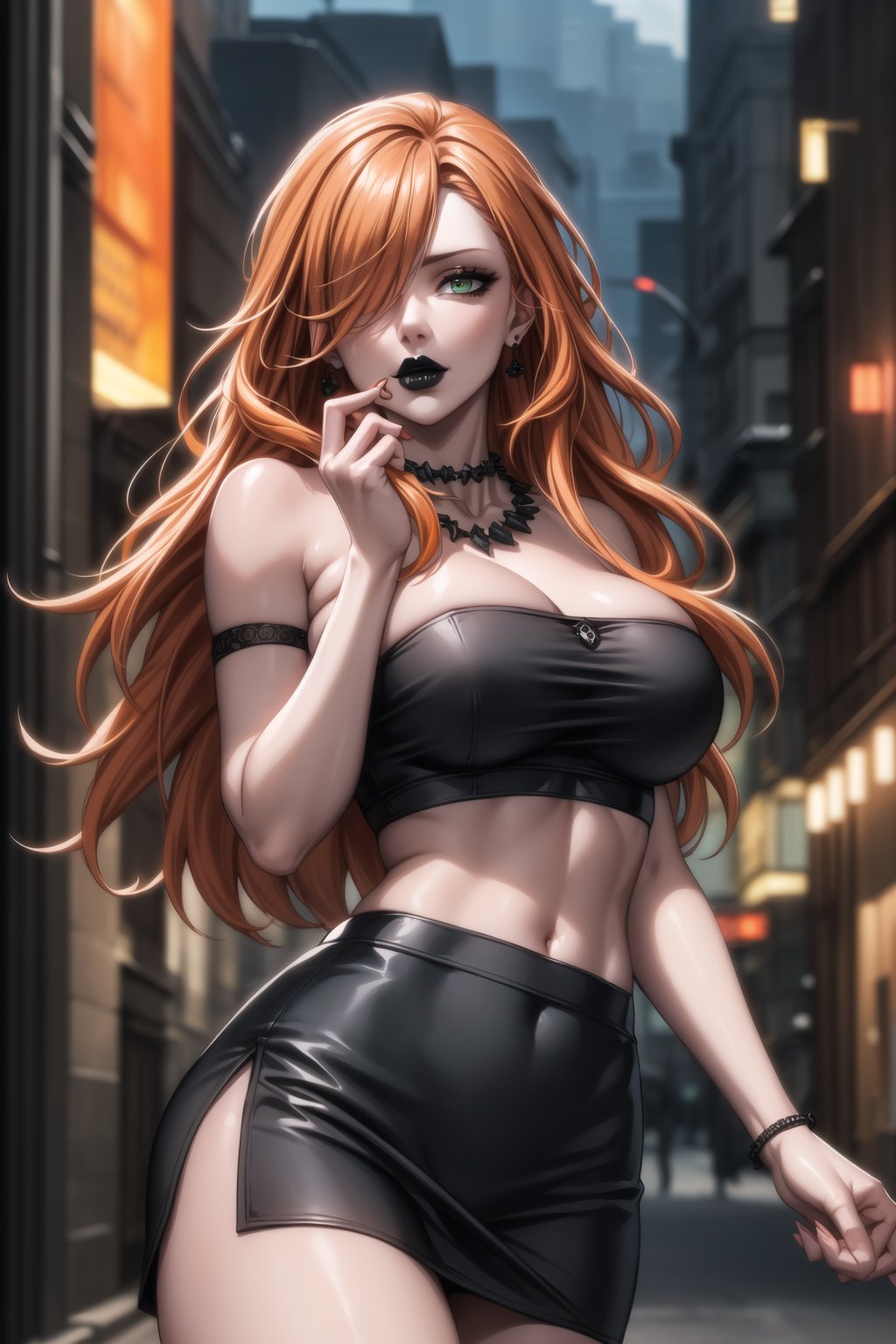 ((best quality)), ((highly detailed)), masterpiece, ((official art)), detailed face, beautiful face, (detailed eyes, deep eyes), seductive posing, (cowboy shot), mimosa vermillion, green eyes, (sexy:1.3), (long straight orange hair, dark orange hair, long straight hair, hair covering one eye:1.3), (makeup, black lips:1.3),(  pale white skin, very white skin, goth, long eyelashes, medium to big breasts, black necklace, black fishnet shirt, black tube top, black fishnet shirt over black tube top, black skirt, city street, nighttime)), intricately detailed, hyperdetailed, blurry background, depth of field, best quality, masterpiece, intricate details, tonemapping, sharp focus, hyper detailed, trending on Artstation, 1 girl, high res, official art, , earrings,black lips<lora:EMS-31593-EMS:0.200000>, <lora:EMS-28161-EMS:0.300000>, <lora:EMS-41017-EMS:0.500000>, <lora:EMS-401523-EMS:0.800000>, <lora:EMS-93-EMS:0.600000>