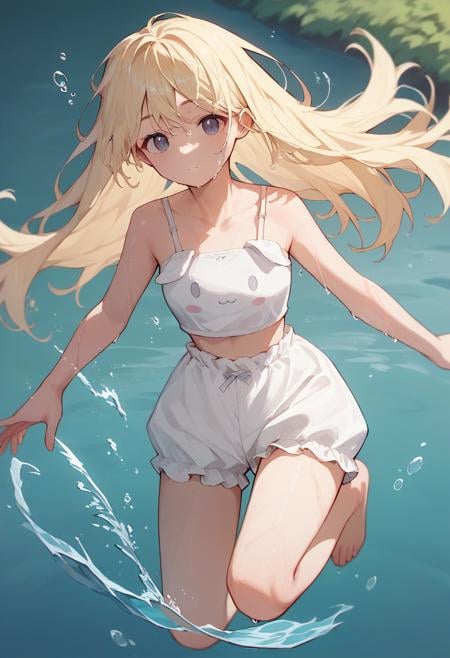 score_9, score_8_up, score_7_up, score_6_up, source_anime, <lora:bunny_cute_suit_v0.9-pony:1.0>1girl,white bloomers, white camisole, print,blonde hair, long hair, jumping, water, splashing, wet hair, looking at viewer,