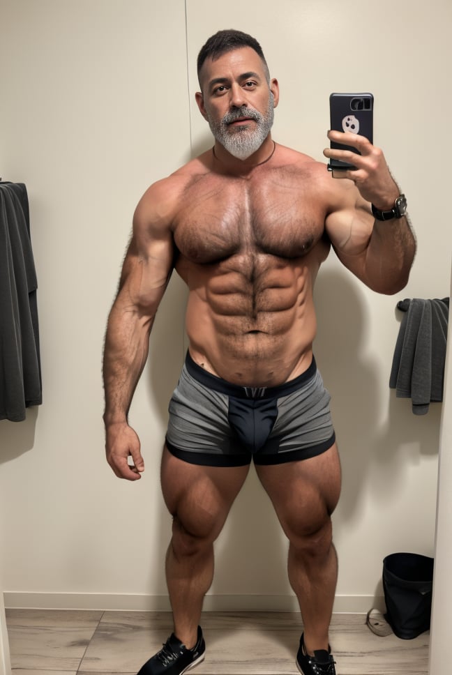 1boy, abs, arm hair,bara, beard, black footwear, black tank top, cellphone, chest hair, clothes lift, facial hair, full body, gvjames, hairy, leg hair, looking at viewer, male focus, male pubic hair, male underwear, manly, muscular, muscular male, navel, nipples, pectorals, pubic hair, realistic, short hair, shorts, solo, stomach,tattoo, thighs, wristwatch,<lora:SD1.5_GVJames.1.28:0.6>