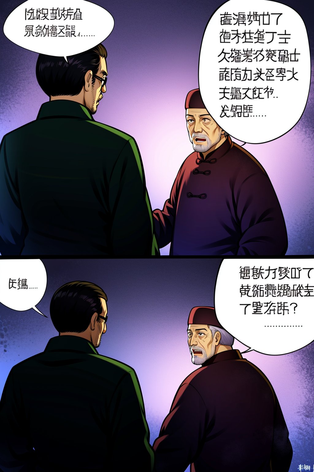 Sanshikongbu, black hair, long sleeves, hat, male focus, multiple boys, glasses, 2boys, speech bubble, facial hair, chinese clothes, beard, mustache, chinese text, korean text, old, old man8K,HDR,high resolution,(Masterpiece :1.3),(best quality :1.2),high quality,high detail,blurry background,