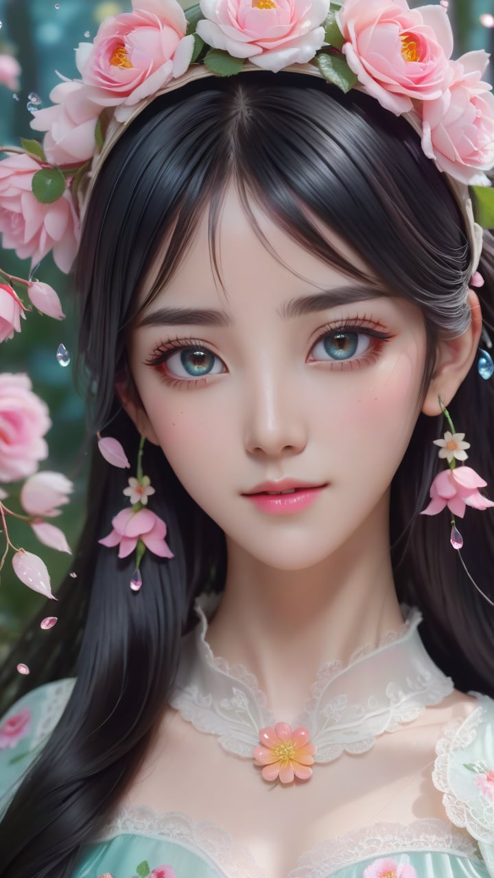 watery eyes,delicate detailed eyes,(card capture sakura:0.3),long hair,black hair mange style,long sleeve,flower headband,roses background,4k,8k,round eyes,round pupil,happy,colourful,fantasy magical,complex hair detail,happy,texture on clothings,fireflies,1girl,