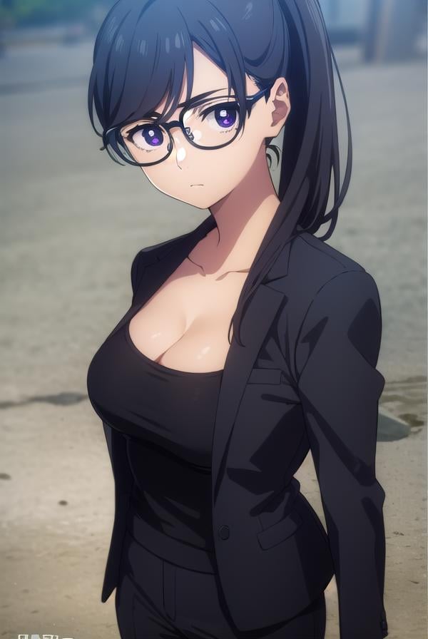 hizuruminakata, <lora:hizuru minakata s1-lora-nochekaiser:1>,hizuru minakata, long hair, black hair, glasses, (purple eyes:1.1), black-framed eyewear,BREAK ponytail, shirt, gloves, cleavage, collarbone, jacket, black gloves, pants, black jacket, black shirt, black pants, formal, suit,BREAK outdoors,BREAK looking at viewer,BREAK <lyco:GoodHands-beta2:1>, (masterpiece:1.2), best quality, high resolution, unity 8k wallpaper, (illustration:0.8), (beautiful detailed eyes:1.6), extremely detailed face, perfect lighting, extremely detailed CG, (perfect hands, perfect anatomy),