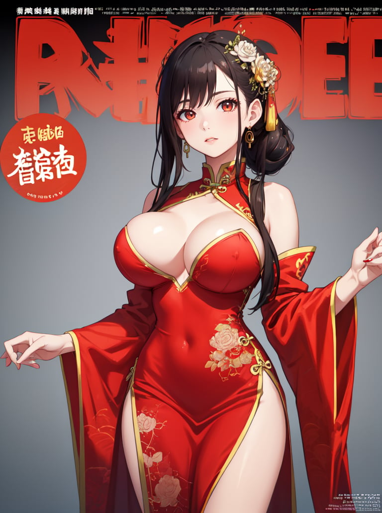 8k, masterpiece, highly detailed, high quality,1girl with (round breasts) <lora:round_breasts-SD-1.0:1>black hair, updo, traditional chinese hair adonments, china dress,red dress, cowboy shot, large breasts, magazine cover, fashion magazine