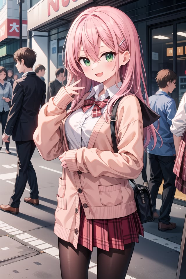 insanely detailed, absurdres, ultra-highres, ultra-detailed, best quality,1girl, solo, nice hands, perfect handsBREAK(School Uniforms:1.2), (pink cardigan is fit body:1.4), ((do up a buttons, not loose):1.5), ((long sleeve, sleeves past wrists):1.2), (inner wear is white collared-shirt:1.3), (red plaid-pattern bow:1.3), (red plaid-pattern pleated skirt:1.3), ((dark-brown pantyhose, loafers):1.2), (nsfw:-1.5)BREAKhappy smile, laugh, open mouthBREAK,standing, cowboy shot, looking at viewerBREAKslender, kawaii, perfect symmetrical face, ultra cute girl, ultra cute face, ultra detailed eyes, ultra detailed hair, ultra cute, ultra beautifulBREAKshibuya, akihabara, tokyo, street, crowd, cityscape, depth of field, ultra detailed backgroundBREAKmedium breastsBREAKred hair, green eyes, long hair, hair between eyes