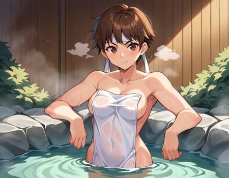 score_9, score_8_up, score_7_up, source_anime,sakurakasugano, <lora:sakura-kasugano-ponyxl-lora-nochekaiser:1>,sakura kasugano, brown eyes, brown hair, short hair,nude, naked, outdoors, onsen, towel, naked towel, steam, bathing, nude cover, partially submerged, water, bath, steam censor, wet towel,looking at viewer, dutch angle, cowboy shot,