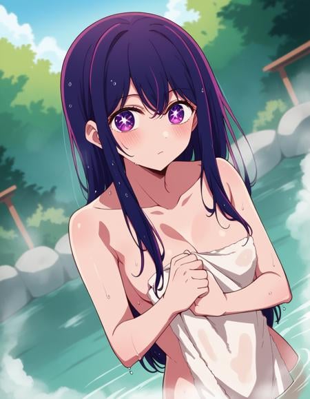 score_9, score_8_up, score_7_up, source_anime,aihoshino, <lora:ai-hoshino-s1-ponyxl-lora-nochekaiser:1>,ai hoshino, long hair, bangs, purple eyes, purple hair, symbol-shaped pupils,nude, naked, outdoors, onsen, towel, naked towel, steam, bathing, nude cover, partially submerged, water, bath, steam censor, wet towel, blush,looking at viewer, cowboy shot, dutch angle, solo,