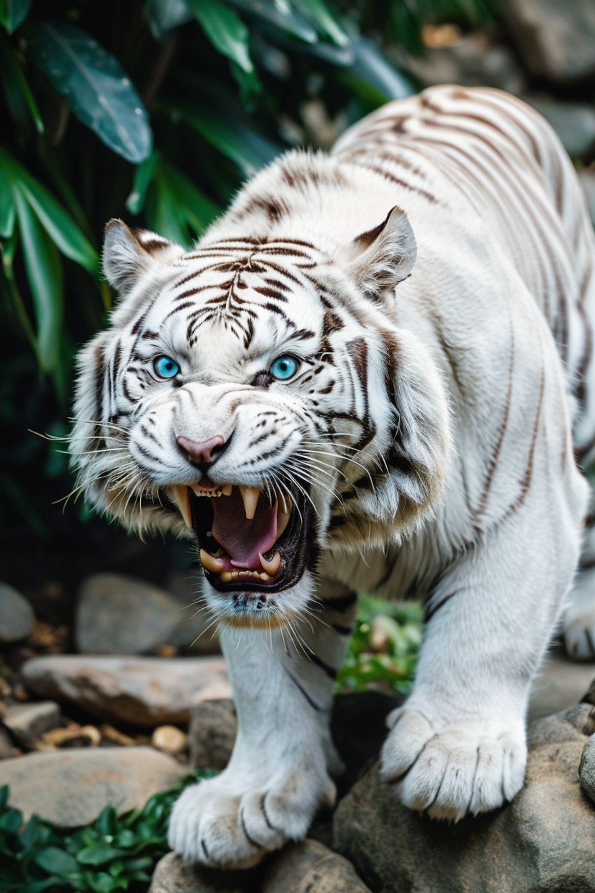 close-up of a roaring white tiger with black stripes, open mouth showing sharp teeth, intense blue eyes, green foliage and rocks blurred in the background, photorealistic detailing, natural sunlight highlighting whiskers and fur texture, animal portrait photography, masterpiece