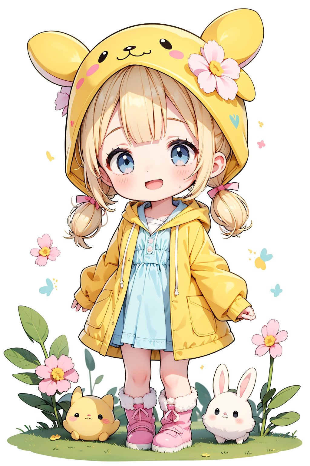 1girl,rainbow,raincoat,yellow raincoat,rubber boots,hydrangea,flower,long hair,twintails,boots,blush,umbrella,open mouth,hair ornament,white background,hood,solo,teruterubouzu,very long hair,hood up,long sleeves,low twintails,bow,bangs,smile,animal hood,blue eyes,rabbit,closed umbrella,puddle,full body,:d,snail,yellow footwear,simple background,pink flower,standing,leaf umbrella,holding umbrella,food-themed hair ornament,hair bow,animal ears,holding,blonde hair,hair flower,rain,animal,