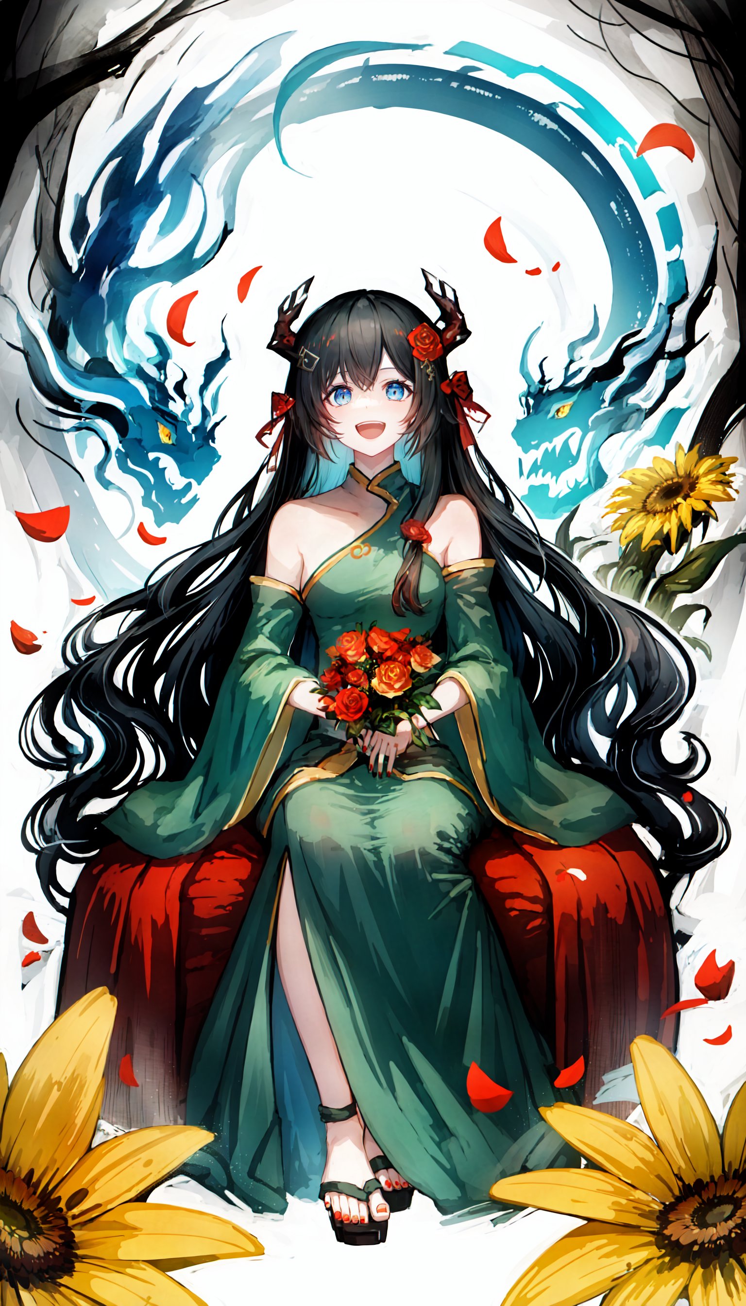 1girl, blue eyes, long hair, flower, looking at viewer, dragon, horns, sitting, black hair, detached sleeves, red nails, smile, dragon girl, solo, holding, breasts, hair ornament, open mouth, nail polish, red flower, dragon tail, dragon horns, very long hair, petals, bare shoulders