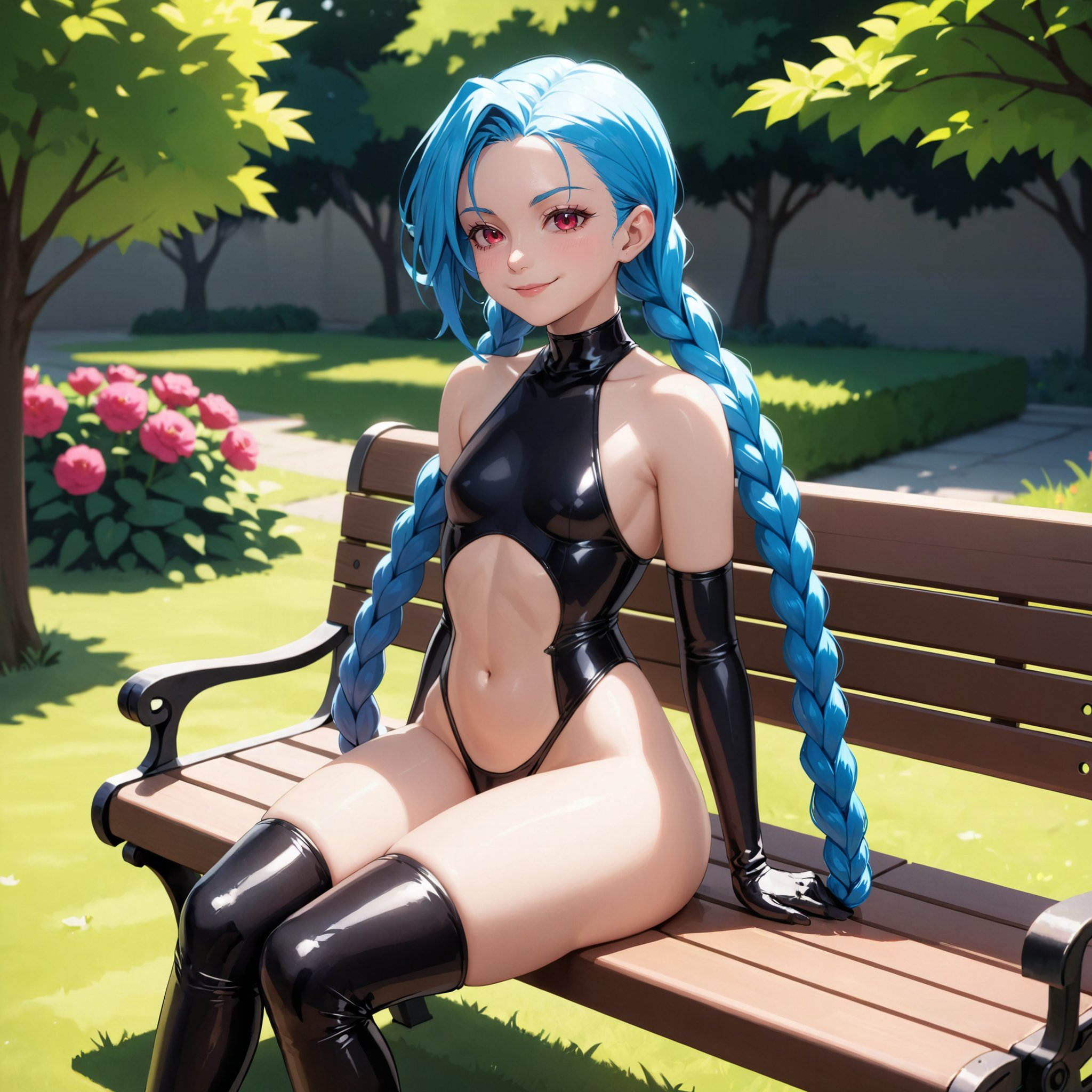 1girl, solo, masterpiece, best quality, jinx \(league of legends\), flat chest, twin braids, light smile, closed mouth, black latex princess, bare shoulders, stomach cutout, elbow gloves, thighhighs, cowboy shot, sitting on bench, garden, grass, tree, <lora:latex-princess-anixl-005:0.8>   <lora:jinx:0.5> 