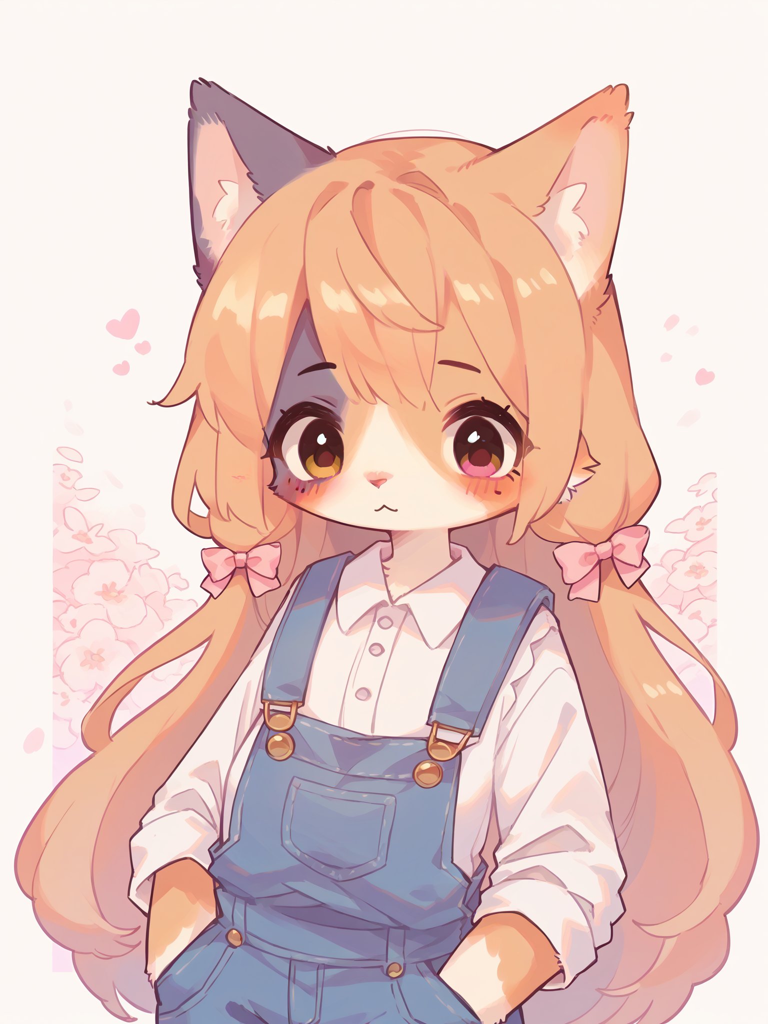 score_9, score_8_up, score_7_up, score_6_up, score_5_up, score_4_up, source_furry, source_anime, rating_safe, embedding:zPDXL2, furry, kemono, 1girl, calico cat, bust, overalls, bows, long hair,