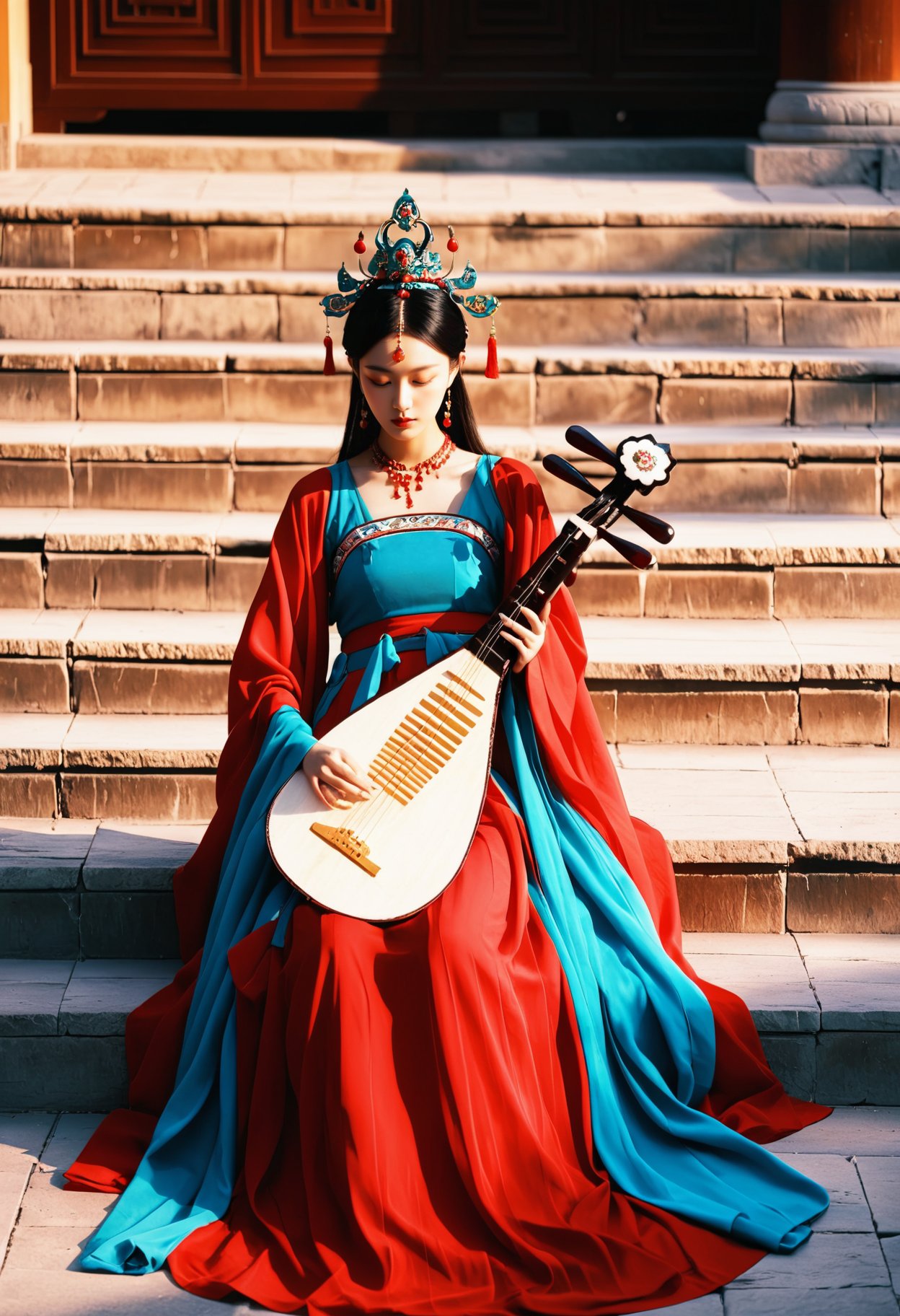 photograph Photograph, Tang Dynasty, traditional Chinese attire, elaborate headdress, playing pipa, seated on stone steps, red and blue flowing robes, serene expression, natural light, soft shadows, wooden background, cultural heritage, historical ambiance, detailed embroidery, poised posture, elegant and tranquil mood., 50mm . cinematic 4k epic detailed 4k epic detailed photograph shot on kodak detailed cinematic hbo dark moody, 35mm photo, grainy, vignette, vintage, Kodachrome, Lomography, stained, highly detailed, found footage