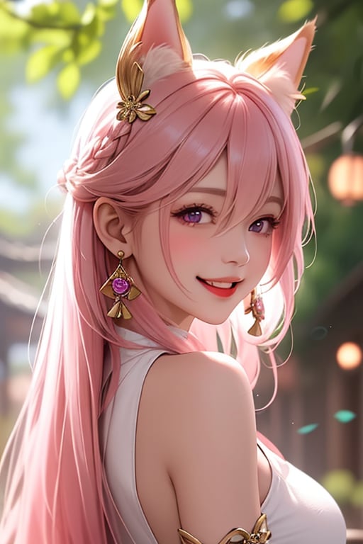 ba shen zi,1girl,solo,pink hair,long hair,animal ears,hair between eyes,jewelry,purple eyes,earrings,looking back,bangs,fox ears,closed mouth,bare shoulders,portrait,blush,breasts,bangs,hair ornament,blurry,paper lantern,closed mouth,looking back,blurry,cheerful demeanor,radiant smile,bright personality,warm-hearted nature,optimistic outlook,vibrant energy,sun-kissed complexion,joyful laughter,free-spirited,carefree attitude,(outgoing nature:1.2),uplifting presence,playful spirit,(positive vibes:1.2),(lively enthusiasm:1.1),(beaming with happiness:1.3),(natural beauty:1.2),(sunshine in her eyes:1.1),(infectious laughter:1.3),<lora:aki-000002:0.5>,