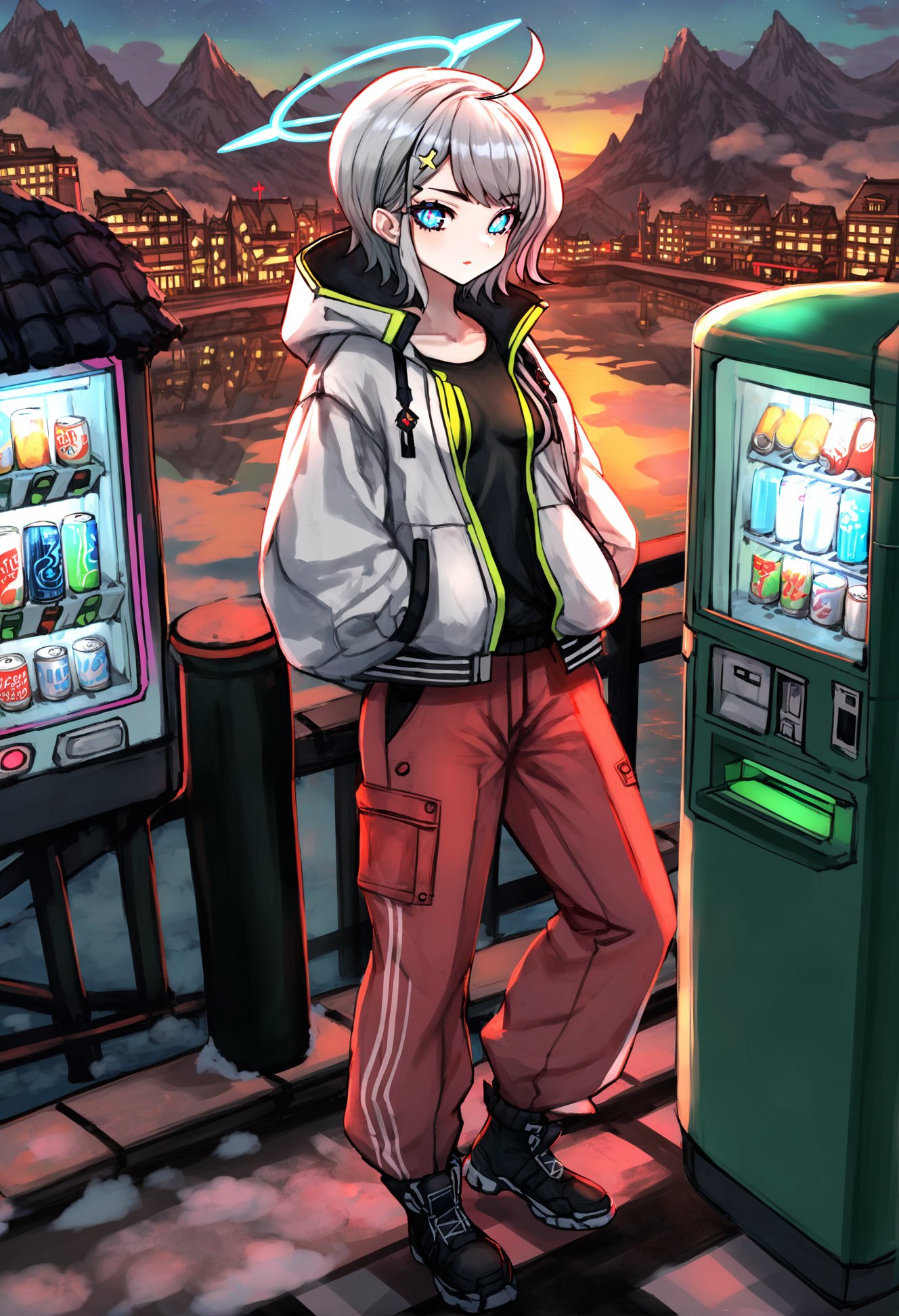 masterpiece, best quality,1girl,   solo, hands in pockets, cyberpunk, short hair, halo, standing, night, ahoge, outdoors, hair ornament, jacket, full body, grey hair, vending machine, closed mouth, looking at viewer, neon lights, can, bangs, pants, trash can, black pants, long sleeves, hand in pocket, road, hairclip, breasts, scenery, (sky:1.1), cloud, outdoors, snow, water, blue sky, landscape, day, above clouds, fantasy, star, (sky:1.1), mountain, city, blue eyes, neon trim, star \(sky\), red pants, black footwear, white pupils, wreckage, cloudy sky, bright pupils, building, starry sky, mountainous horizon, night sky, cross hair ornament, wavy hair, small breasts, railroad crossing <lora:さばみそ太郎XLlokr8f-000097:0.95>