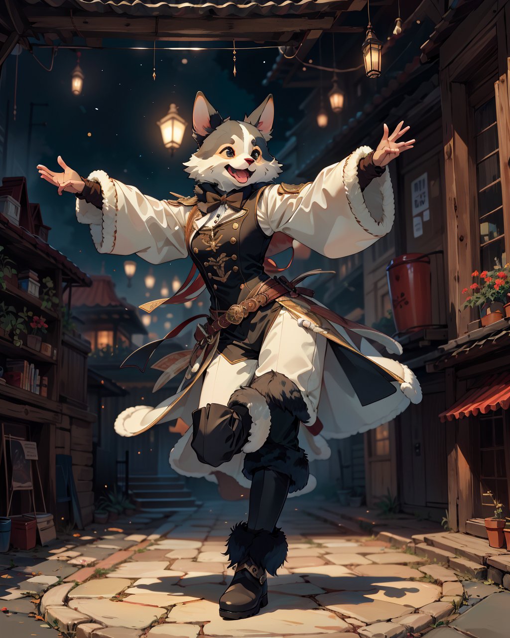 best quality,masterpiece,highly detailed,ultra-detailed,a furry dancing happy,fur pants,paw gloves, fur boots <lora:neg9V2_last:0.5>   <lora:furrytale:1>  