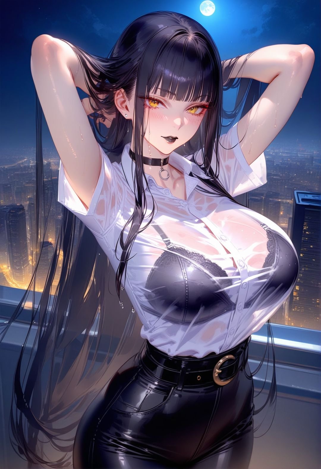 masterpiece, best quality,  <lora:RAR 0.4v:1>,RAR, masterpiece, best quality, 1girl, breasts, solo, black hair, long hair, moon, pants, yellow eyes, black pants, choker, looking at viewer, shirt, large breasts, bra visible through clothes, night, arms up, full moon, high-waist pants, white shirt, see-through, short sleeves, black choker, wet clothes, wet, shirt tucked in, see-through shirt, outdoors, very long hair, belt, building, black lips, arms behind head, night sky, wet shirt, sky, standing, blunt bangs, makeup, cowboy shot, mole, bra, hands in hair