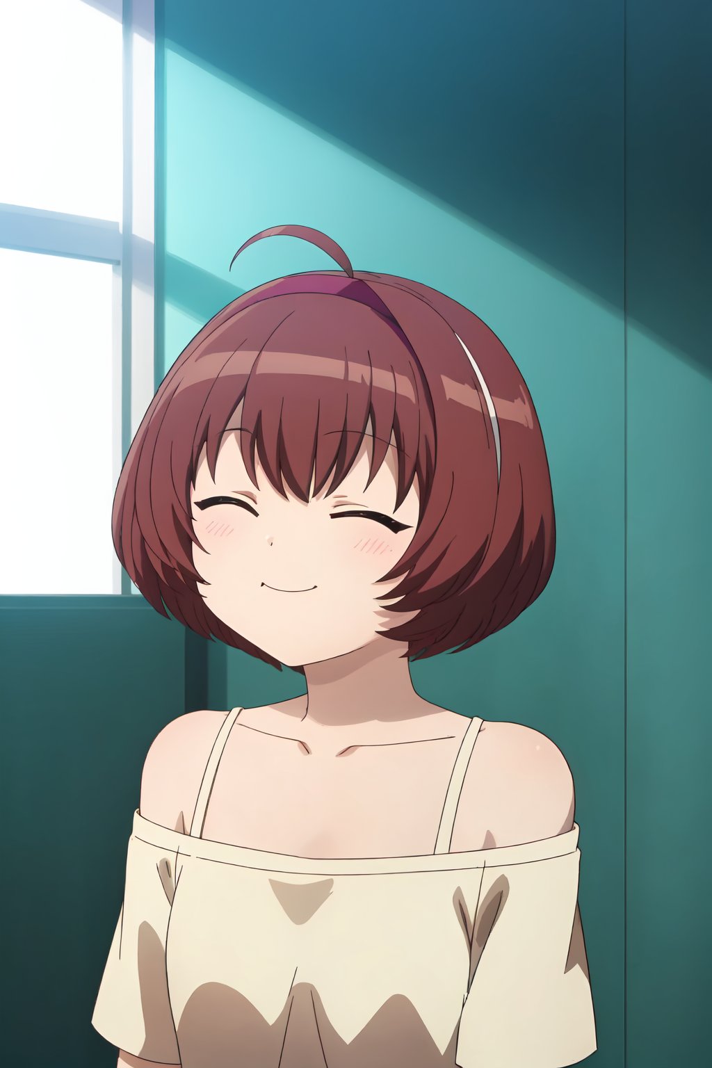 Akako Onigashima, (8k, HD), 1girl, solo, smile, short hair, brown hair, shirt, bare shoulders, closed mouth, collarbone, closed eyes, ahoge, hairband, off shoulder<lora:EMS-469265-EMS:0.800000>