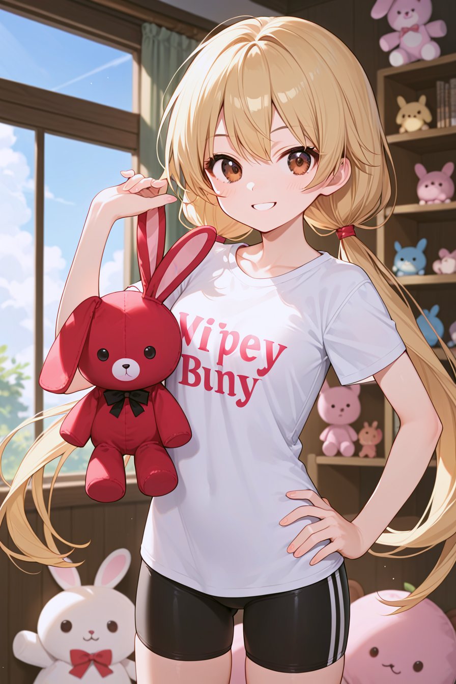 score_9, score_8_up, score_7_up, source_anime, rating_safe, 1girl, solo, long hair, looking at viewer, smile, blonde hair, shirt, twintails, brown eyes, very long hair, hand on hip, low twintails, stuffed toy, stuffed animal, bike shorts, t-shirt, clothes writing, stuffed bunny, futaba anzu