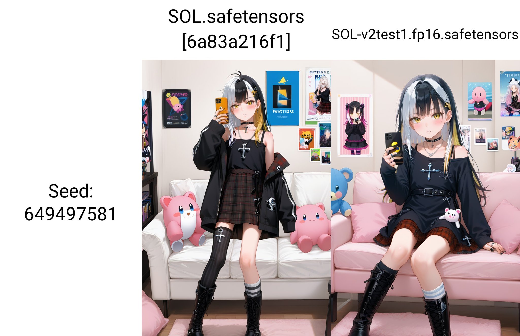 score_9, score_8_up, score_7_up, score_6_up, score_5_up, score_4_up,masterpiece, best quality,1girl, kirby,  solo, striped socks, black nails, phone, cellphone, looking at viewer, indoors, stuffed toy, striped clothes, socks, black hair, boots, smartphone, blush, stuffed animal, standing, dress, black footwear, plaid skirt, plaid, skirt, parted lips, yellow eyes, jewelry, black dress, asymmetrical legwear, cross, punk, long sleeves, poster \(object\), nail polish, ring, black choker, necklace, white hair, sleeves past wrists, multicolored hair, fingernails, knee boots, long hair, two-tone hair, star \(symbol\), cross-laced footwear, bare shoulders, choker, punk-in-aeyoushou \(song\), stuffed tiger, lace-up boots, couch