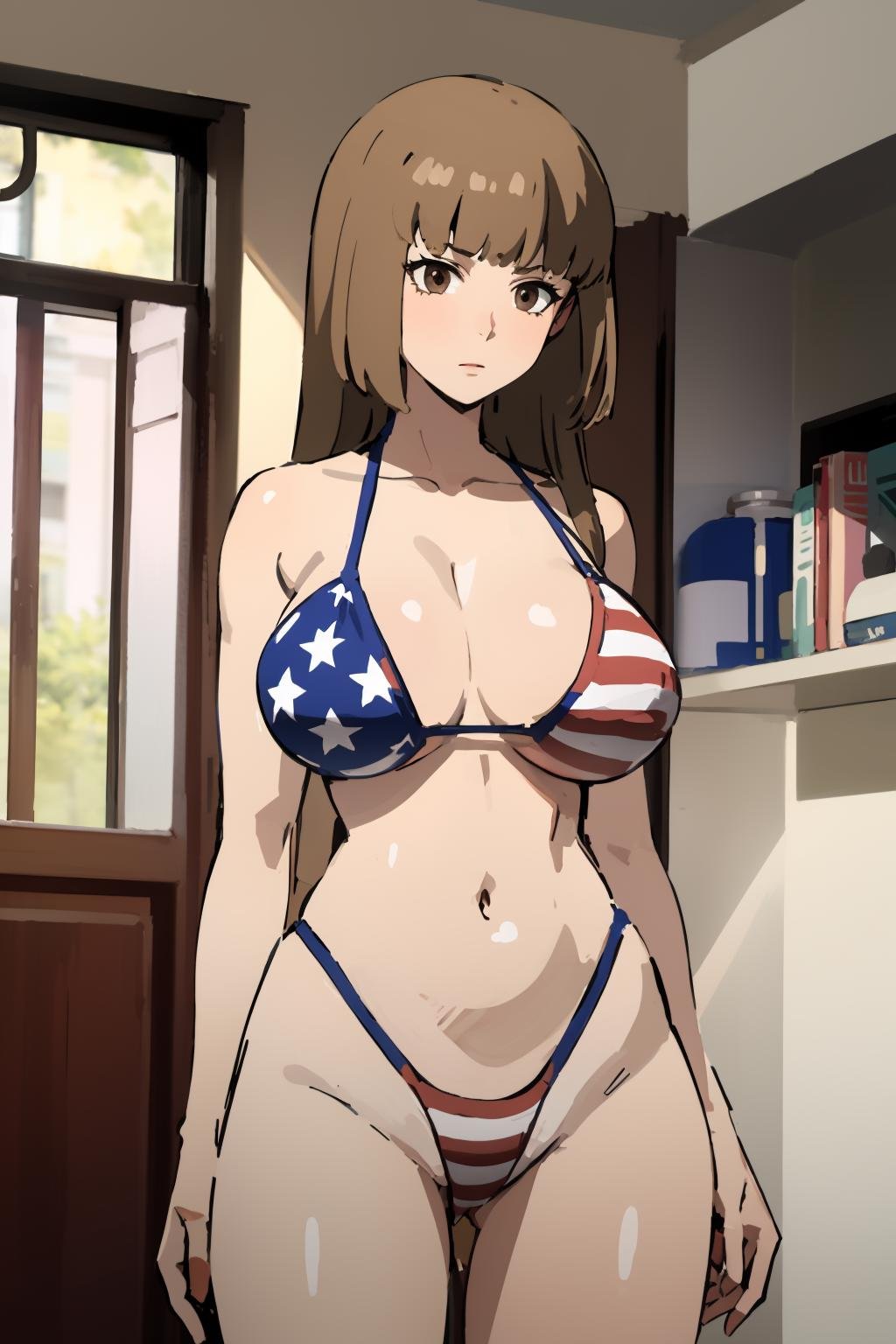 masterpiece,high quality,highres,1girl,solo,<lora:umi-rosa-v3-wasabiya:1>,umirosa,long hair,brown eyes,brown hair,blunt bangs,hime cut,large breasts,wide hips,mature female,<lora:USA-bikini-only-v1-wasabiya:1>,usabikini, bikini