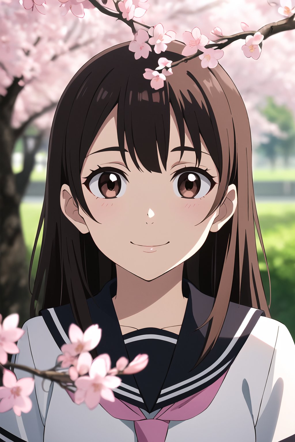 blurry foreground,depth of field,cinematic composition,close up,masterpiece,best quality,1girl,solo,brown hair,smile,brown eyes,white neckerchief,school uniform,pink flower,looking at viewer,serafuku,black shirt,cherry blossoms,hair bow,branch,outdoors,