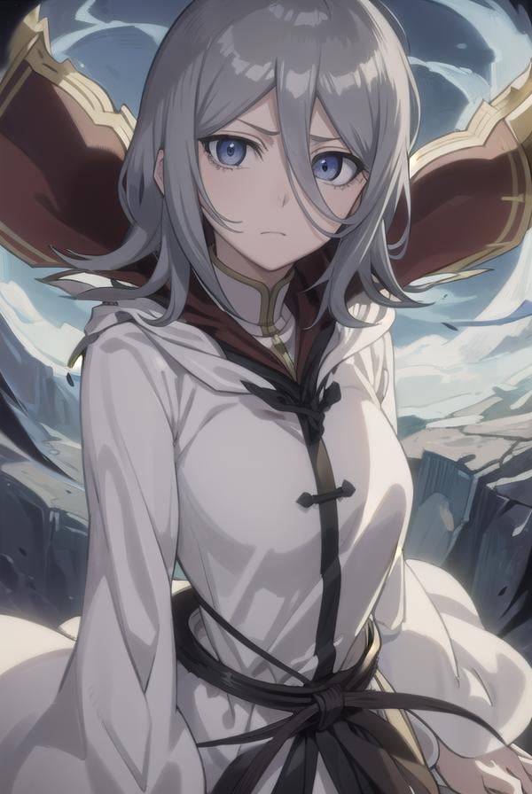 rukiakuchiki, <lora:rukia kuchiki movie3-lora-nochekaiser:1>,dark rukia kuchiki, kuchiki rukia, short hair, grey hair, hair between eyes, (grey eyes:1.5),BREAK cape, robe, white robe, high collar, long sleeves, torn clothes,BREAK outdoors,BREAK looking at viewer,BREAK <lyco:GoodHands-beta2:1>, (masterpiece:1.2), best quality, high resolution, unity 8k wallpaper, (illustration:0.8), (beautiful detailed eyes:1.6), extremely detailed face, perfect lighting, extremely detailed CG, (perfect hands, perfect anatomy),