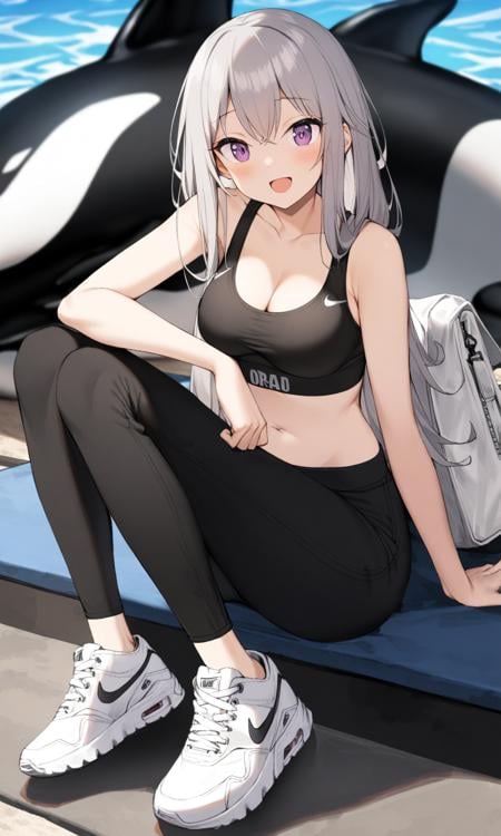 1girl, sensitive, solo, long hair, breasts, looking at viewer, blush, smile, open mouth, navel, cleavage, bare shoulders, sitting, medium breasts, purple eyes, collarbone, grey hair, :d, shoes, pants, bag, blurry, bare arms, black pants, white footwear, sneakers, sports bra, orca