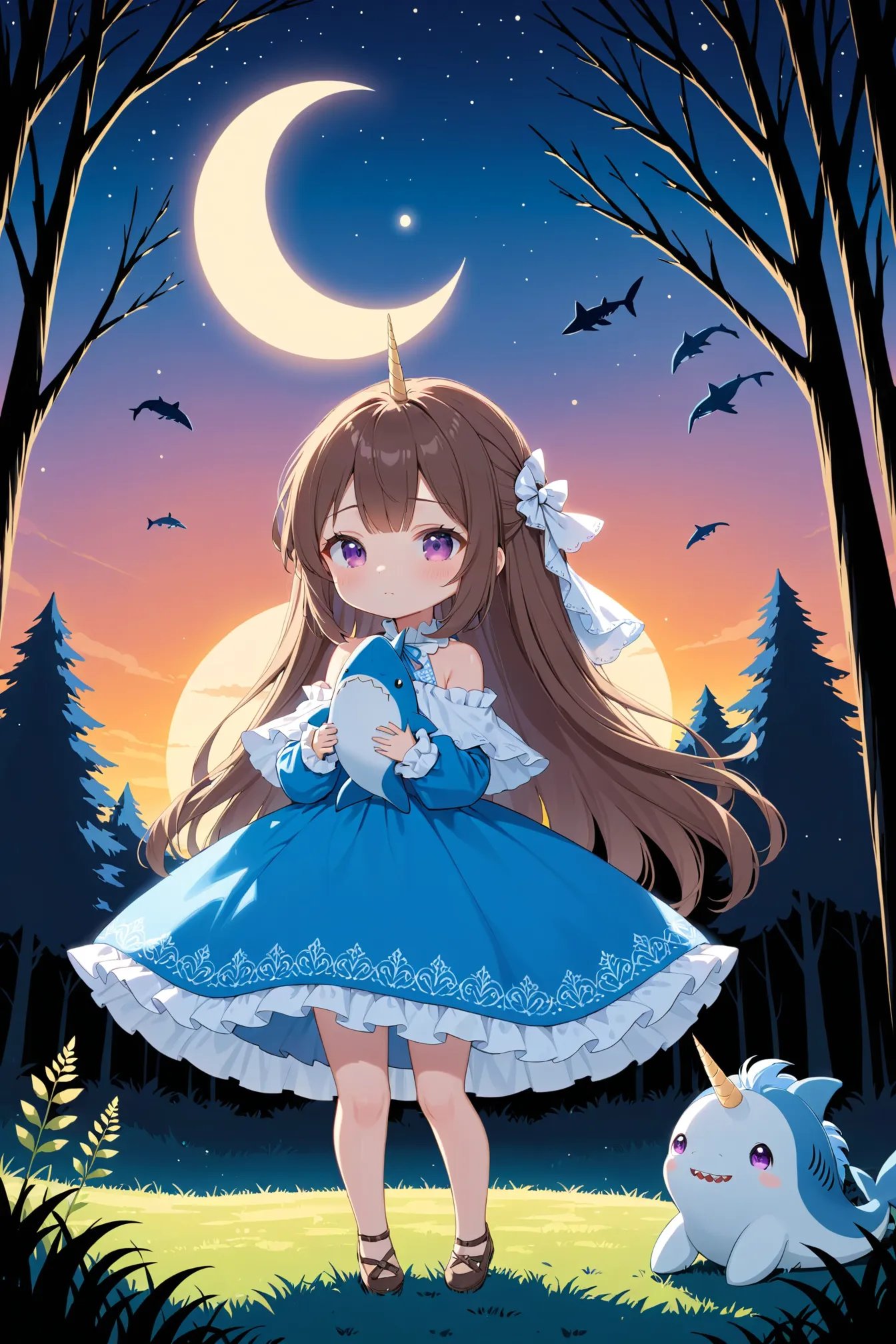 1girl, solo, masterpiece, best quality, very aesthetic, outdoors, ahoge, animal, bare shoulders, blue dress, blue theme, brown hair, chibi, closed mouth, dress, forest, ghost, grass, half-closed eyes, happy birthday, long hair, moon, night, night sky, purple eyes, sky, sleeves past wrists, standing, stuffed animal, stuffed shark, stuffed toy, stuffed winged unicorn, sunset, upper body, very long hair, white capelet, wide shot