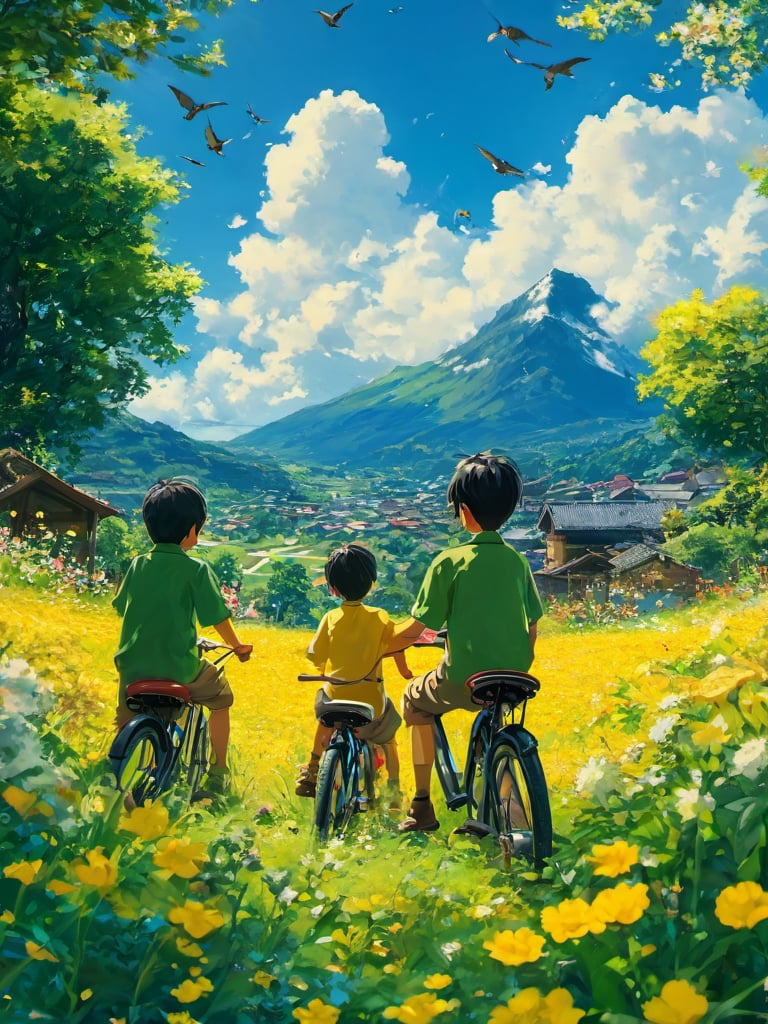 zyx01, outdoors, flower, sky, bicycle, ground vehicle, cloud, multiple boys, tree, day, 2boys, shirt, scenery, house, bird, field, male focus, grass, short sleeves, short hair, from behind, blue sky, male child, building, sitting, facing away, child, yellow shirt, mountain, yellow flower, green shirt, nature, shorts, holding, pants, black hair, t-shirt, riding, cloudy sky, mountainous horizon<lora:zyx01:0.8>,, best quality, ultra-detailed, masterpiece, finely detail, highres, 8k wallpaper