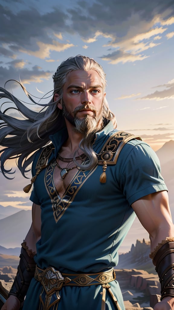 (best quality, masterpiece, colorful, highest detailed) upper body photo, Viking man, bearded, embodying bravery and resilience in a rugged landscape, (intricate details), (dynamic angle)