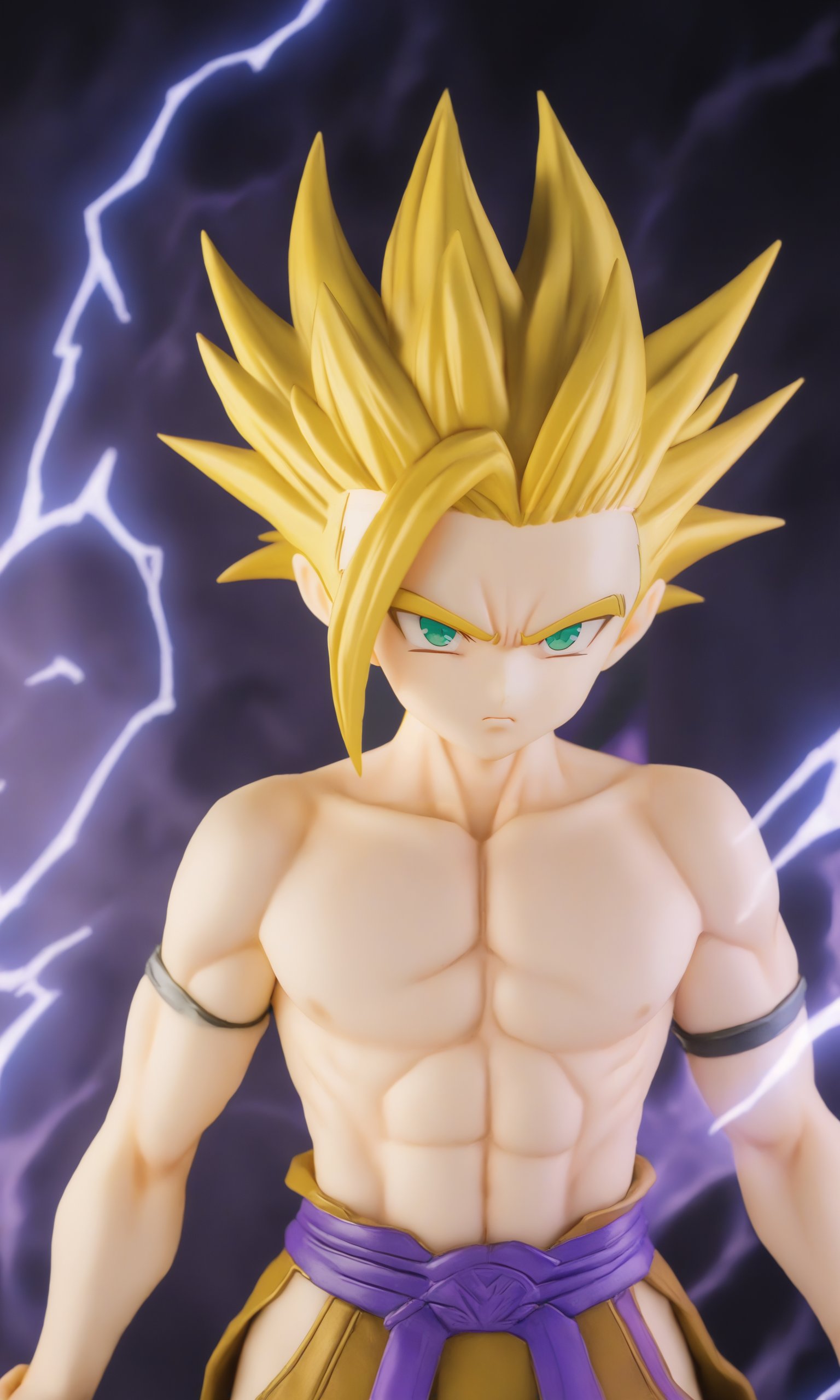 figure,1boy,gohan,super saiyan 2,purple dougi,green eyes,blonde_hair,yellow aura,electricity,ki,serious,cowboy_shot,clenced fists,(masterpiece,best quality,detailed,highres),detailed_face,dark_colors,arms_at_sides,<lora:Gohan_Super_Saiyan_2Tribute_to_Akira_Toriyama:0.8>,