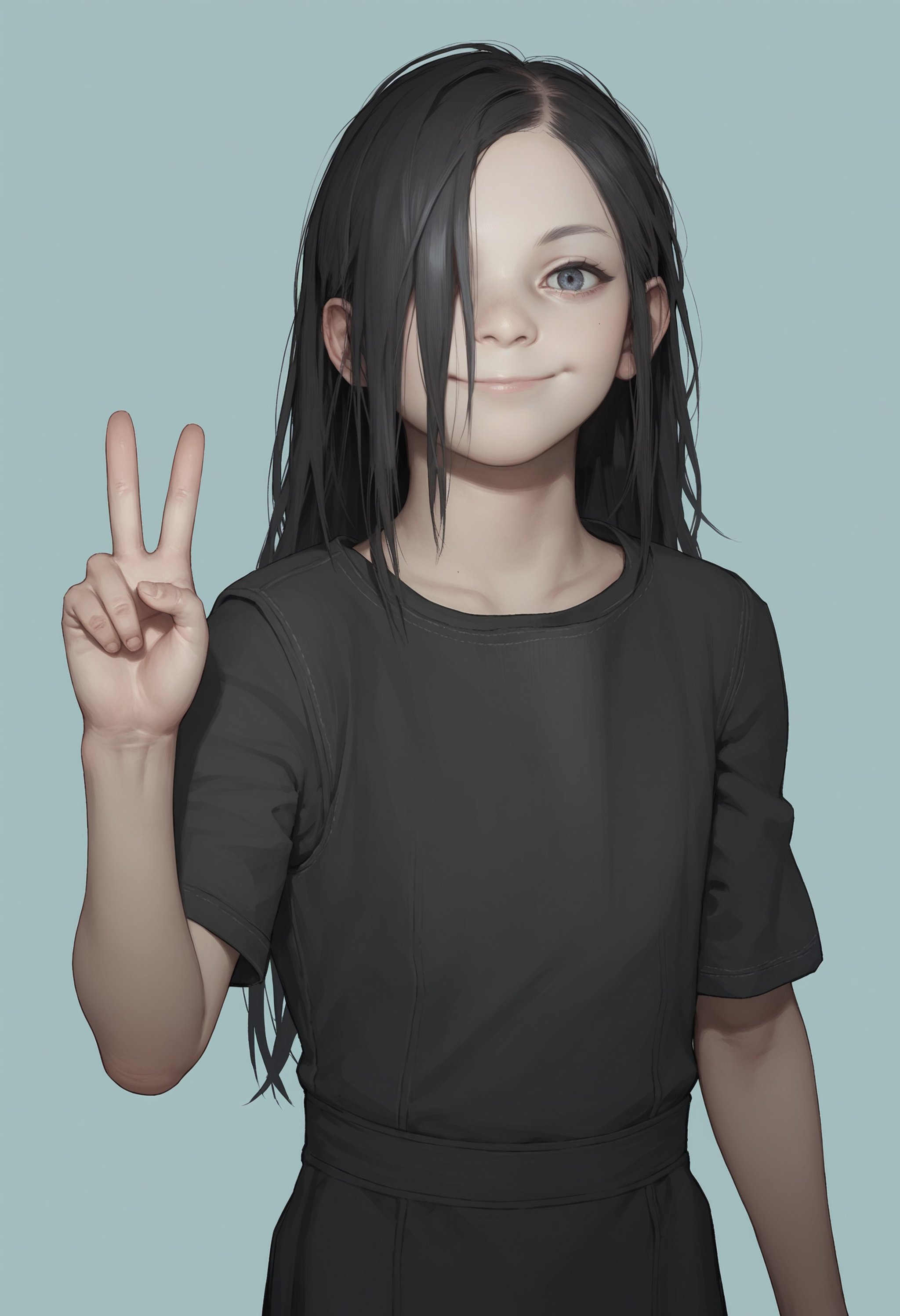 score_9, score_8_up, score_8, source_anime, 1girl, <lora:Eveline:0.75> solo, flat chest, skinny, white skin, pale skin, long hair, black hair, black dress, short sleeves, hair over one eye, v sign, smile,simple background, light blue background, 