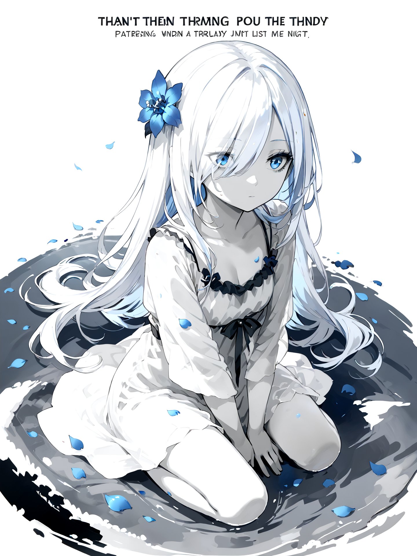 score_9,score_8_up,score_7_up,score_6_up,1girl,blue eyes,white long translucent night gown,expressionless,(white hair),hair cover one eye,long hair,blue hair flower,kneeling on lake,blood,(plenty of blue petals:1.35),(white background:1.5),(English text),greyscale,monochrome,greyscale,monochrome,sketch,liuying,